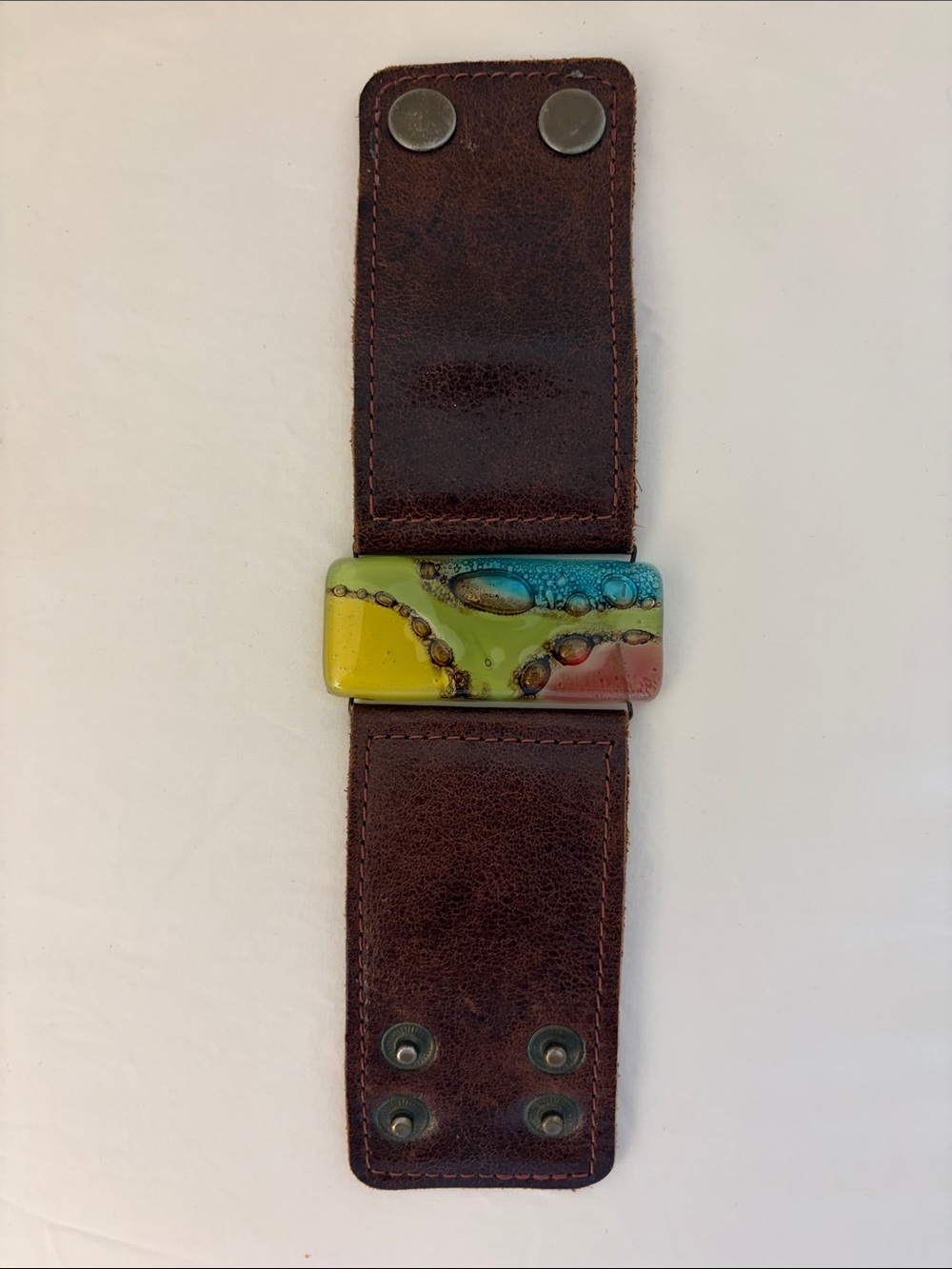 Recycled Glass Leather Cuff Bracelet with Multicolor Glass Accent